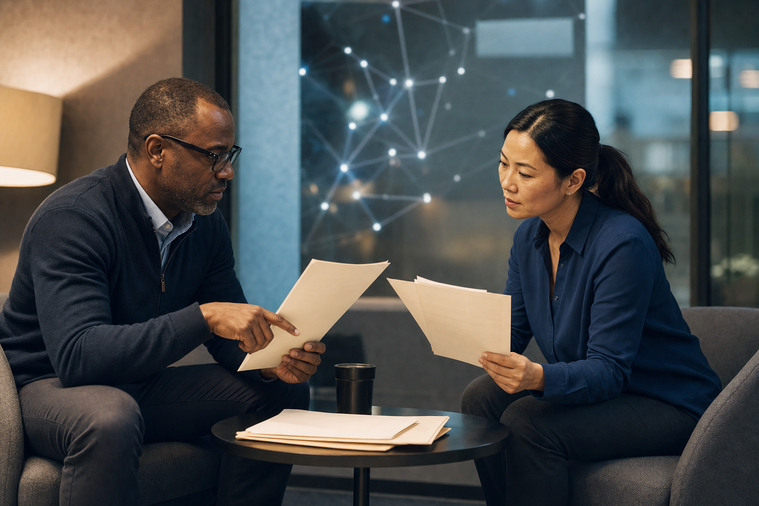 Two cybersecurity award reviewers comparing nomination evidence during calibration