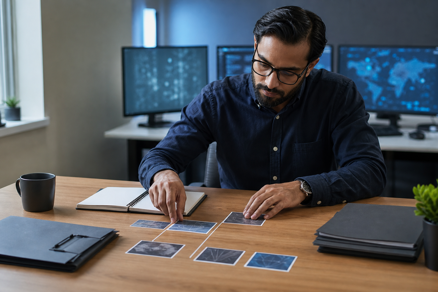 Cybersecurity analyst organizing evidence from a completed security improvement