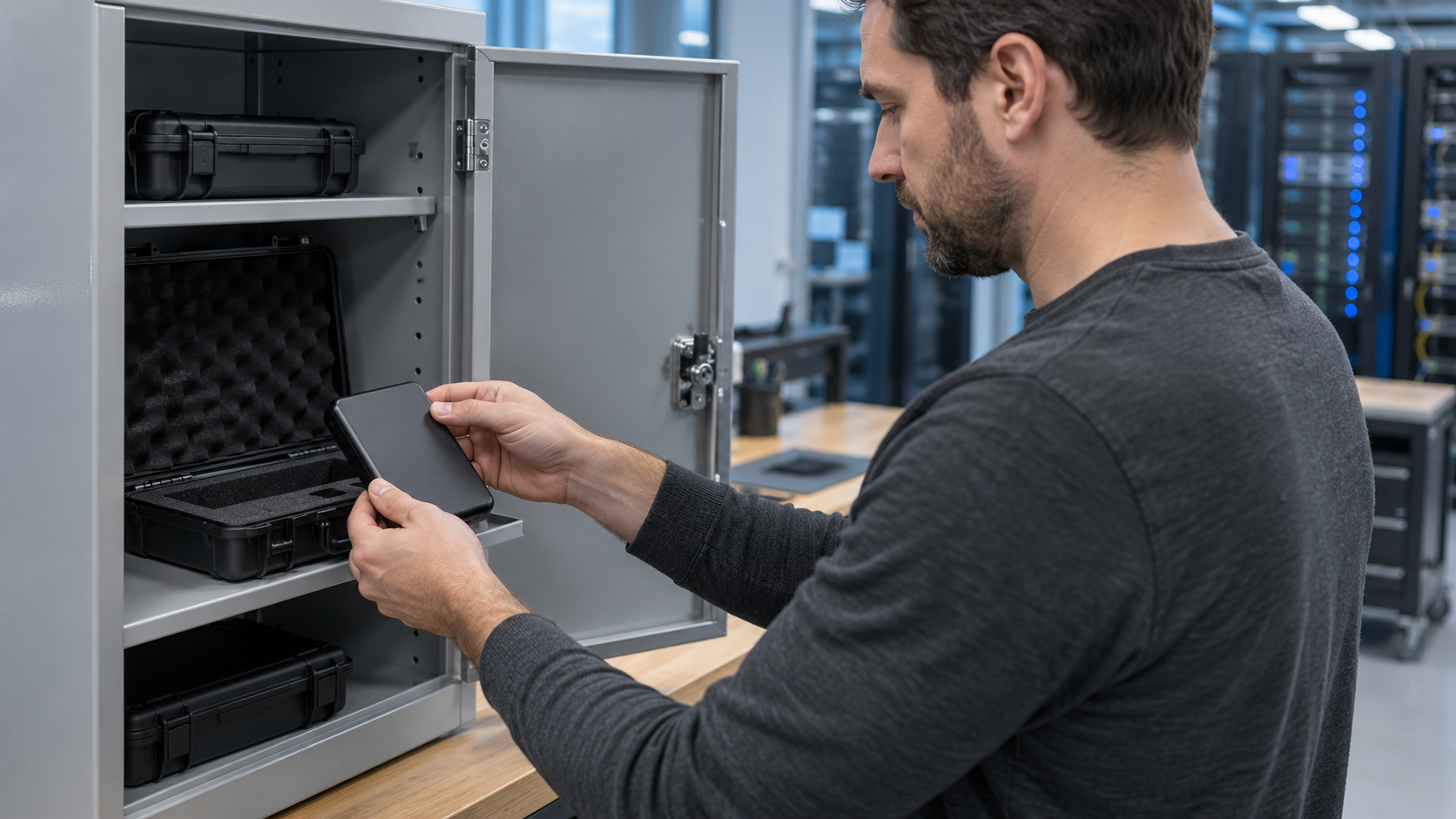 A technology professional retrieving a disconnected portable drive from a foam-lined case in an open metal cabinet