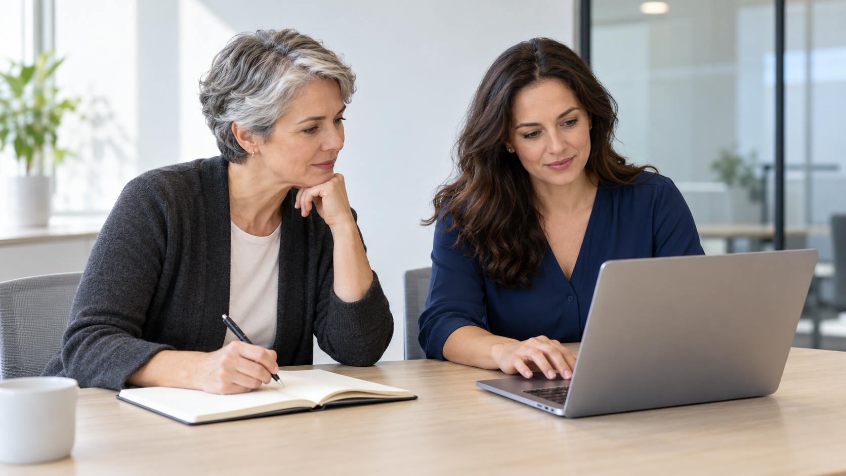 Two colleagues checking work on a laptop while one records observations in an open notebook