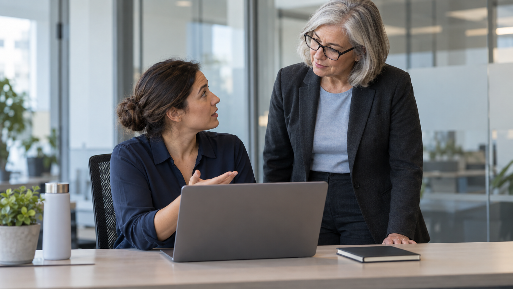 An employee turning from a laptop to ask a trusted colleague a question