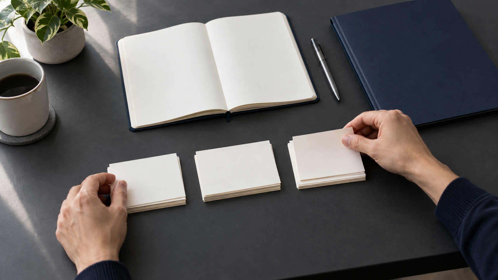 A reviewer arranging three groups of blank evidence cards beside a notebook