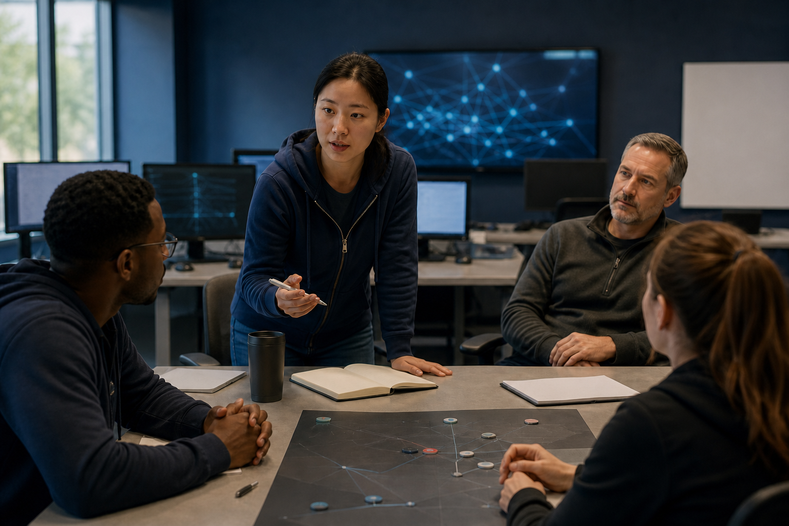 Early-career cybersecurity professional leading a tabletop exercise while an experienced mentor listens