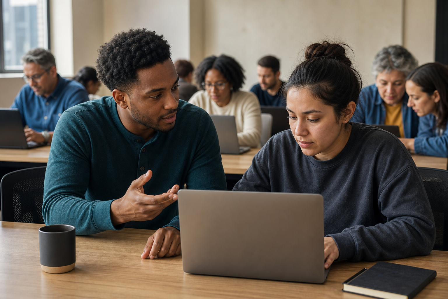 Cybersecurity professional helping a new learner during a community workshop