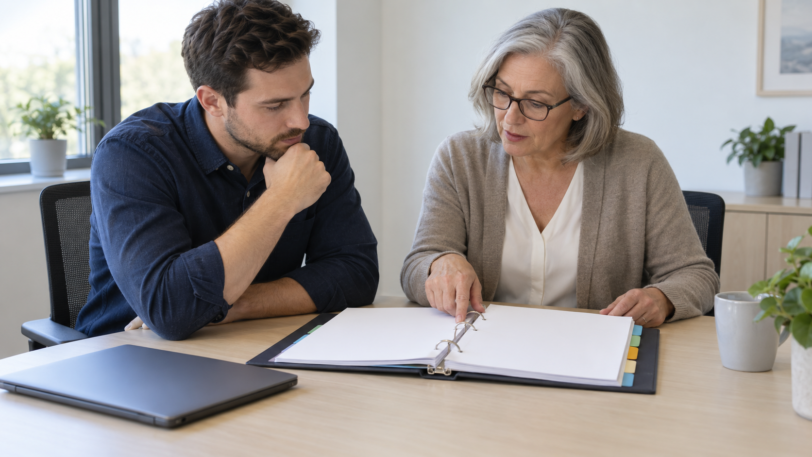 Two colleagues reviewing an open tabbed binder during a focused follow-up meeting