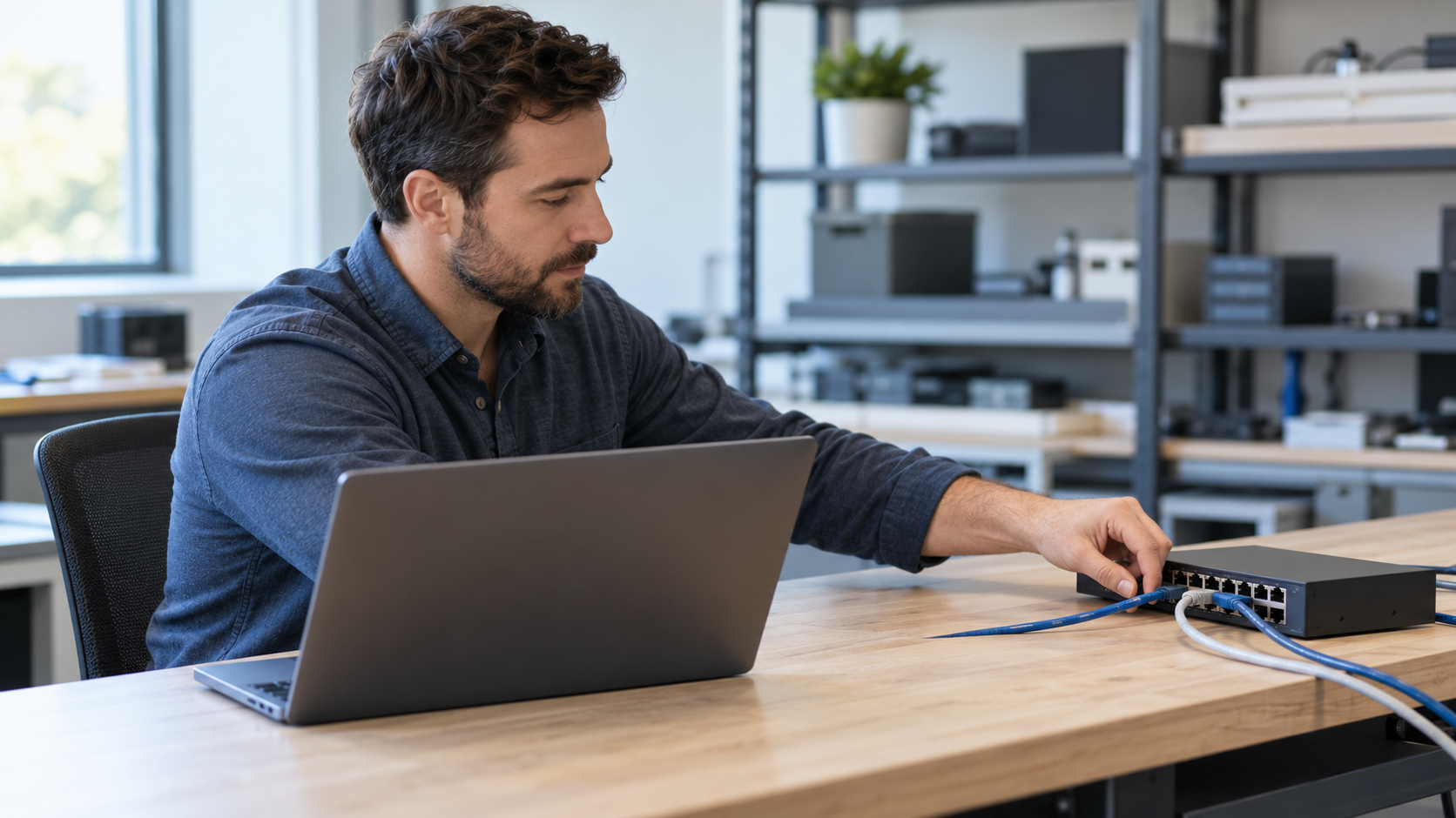 A technology professional checking a network connection beside a laptop at a lab workbench
