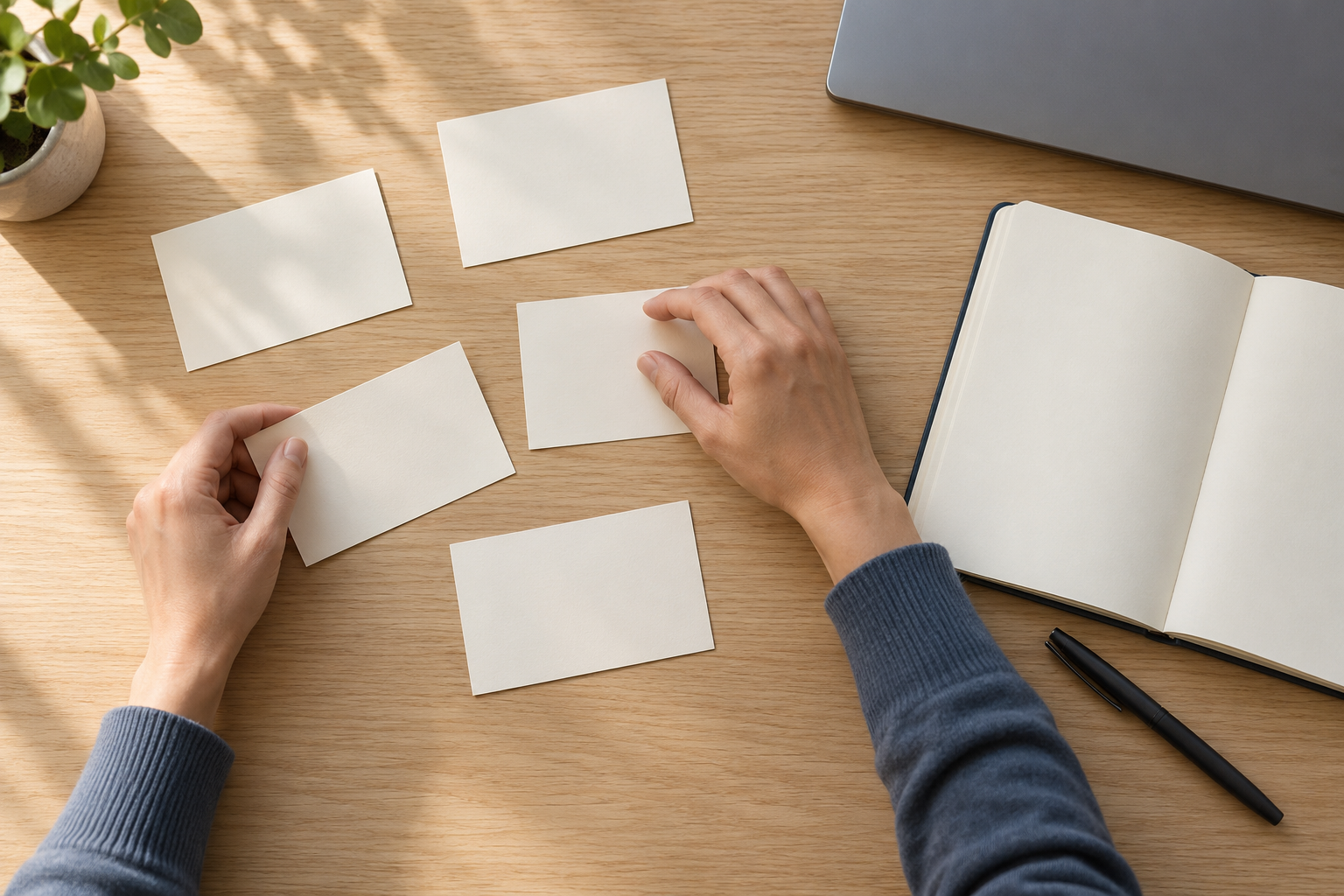 A reviewer organizing blank evidence cards beside an open notebook on a wooden desk