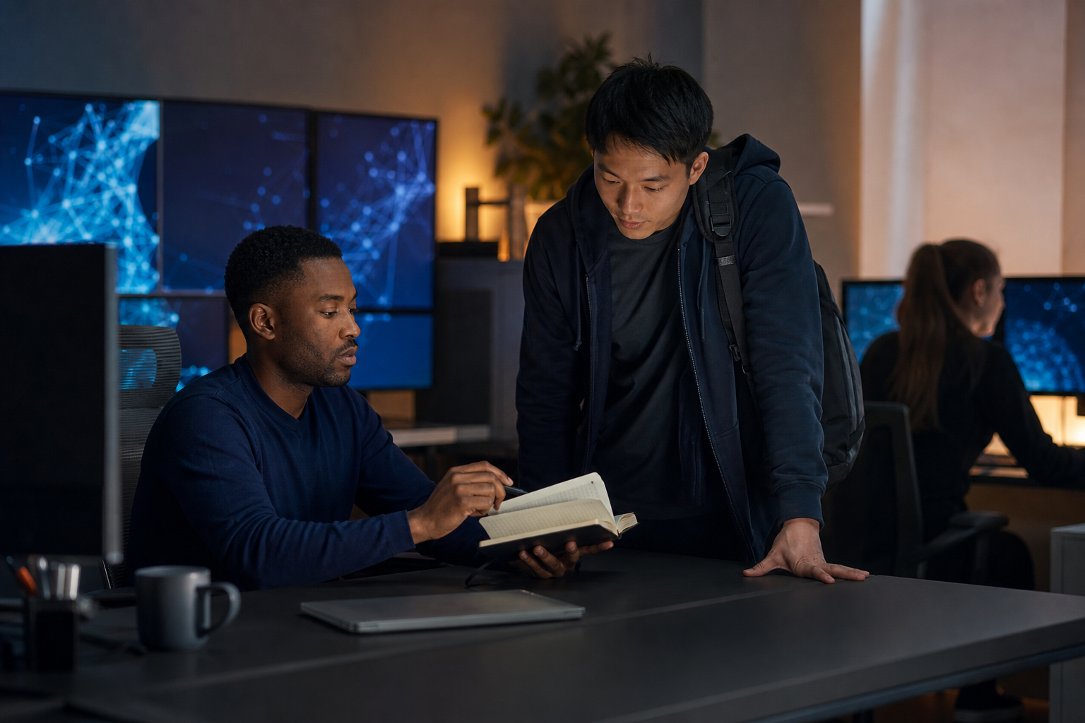 Two cybersecurity responders completing a calm, structured shift handoff