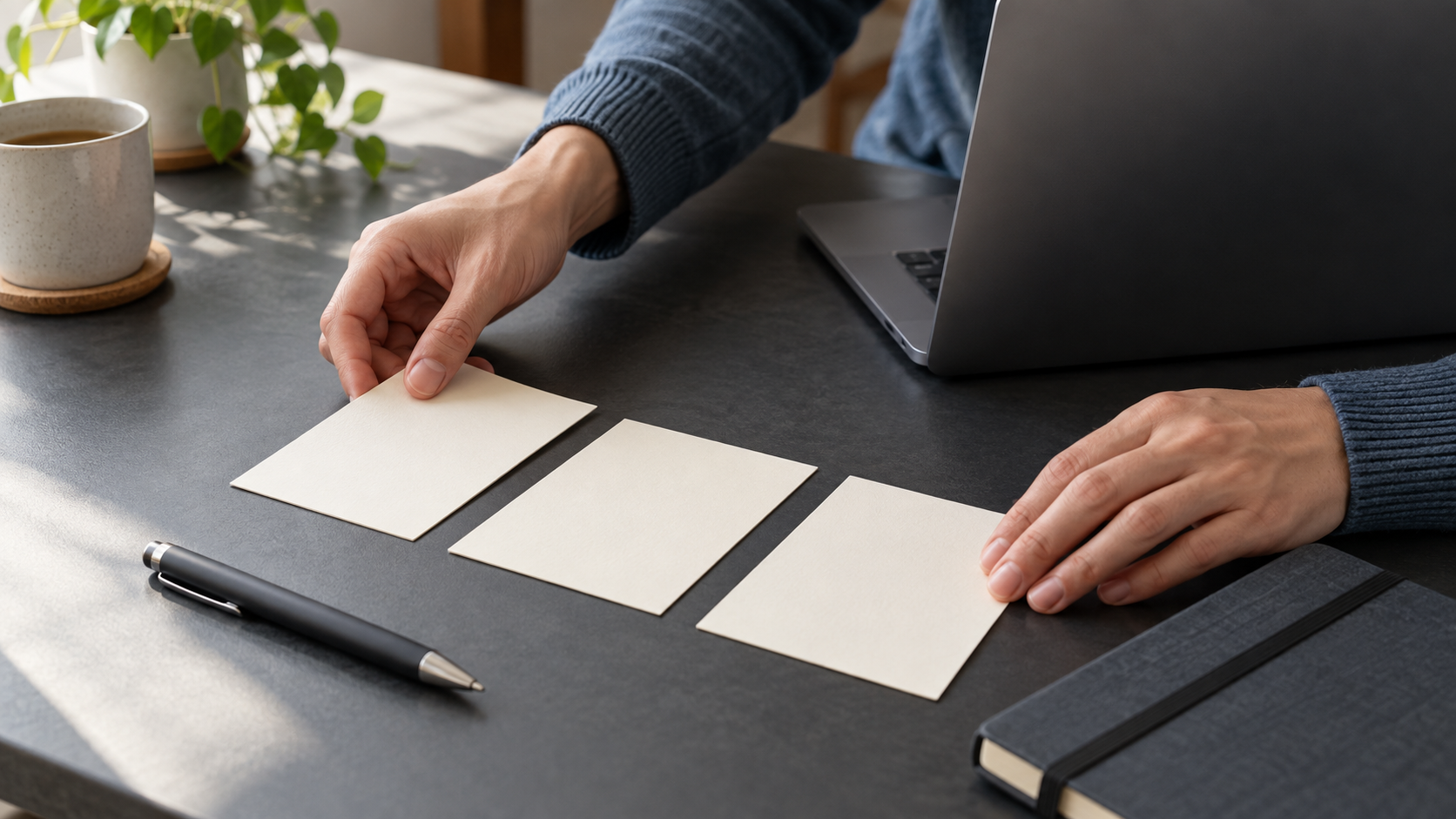 A contributor arranging blank review cards beside a notebook and laptop