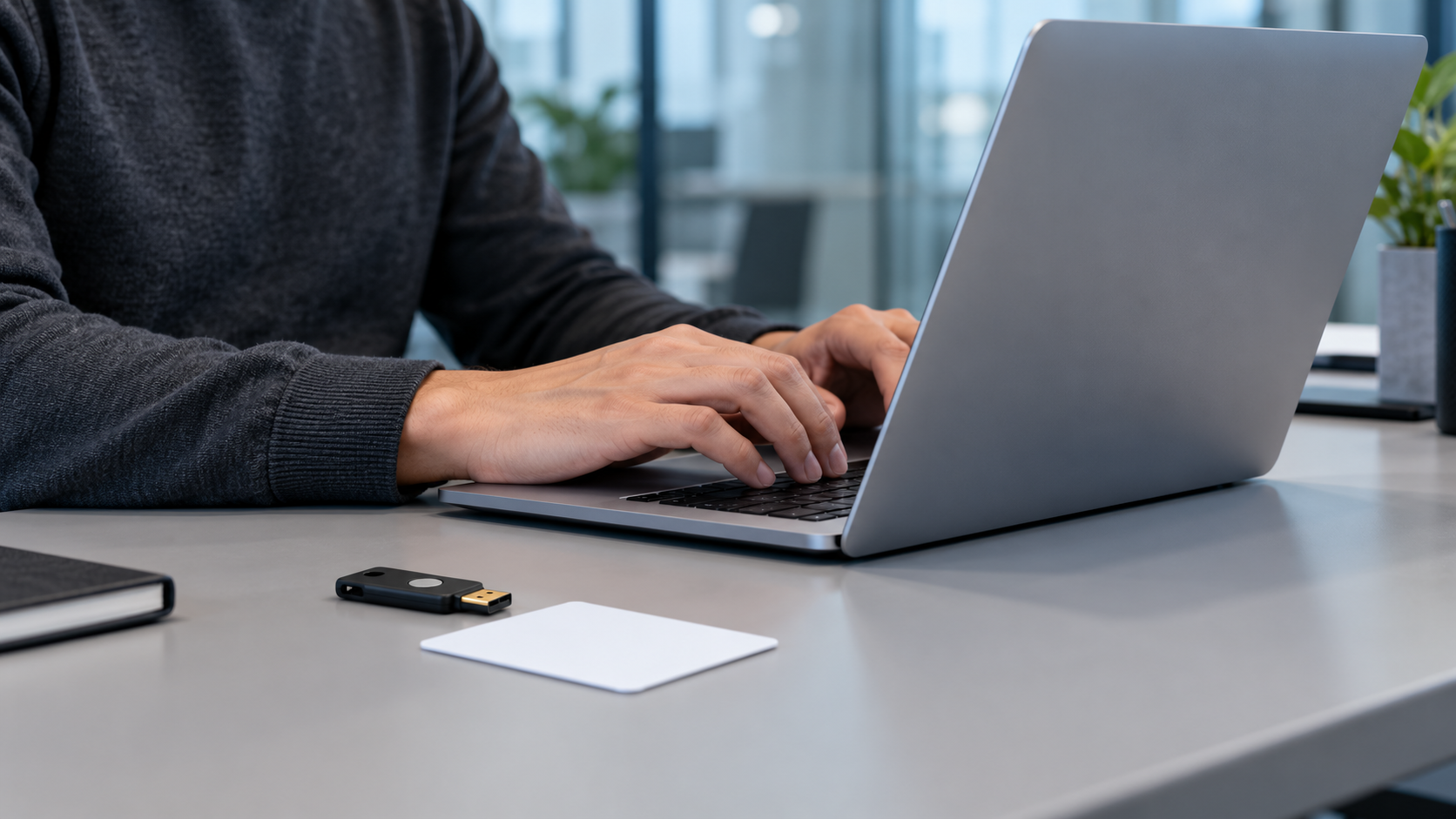 A technology professional working at a laptop with a plain security key and blank access card on the desk