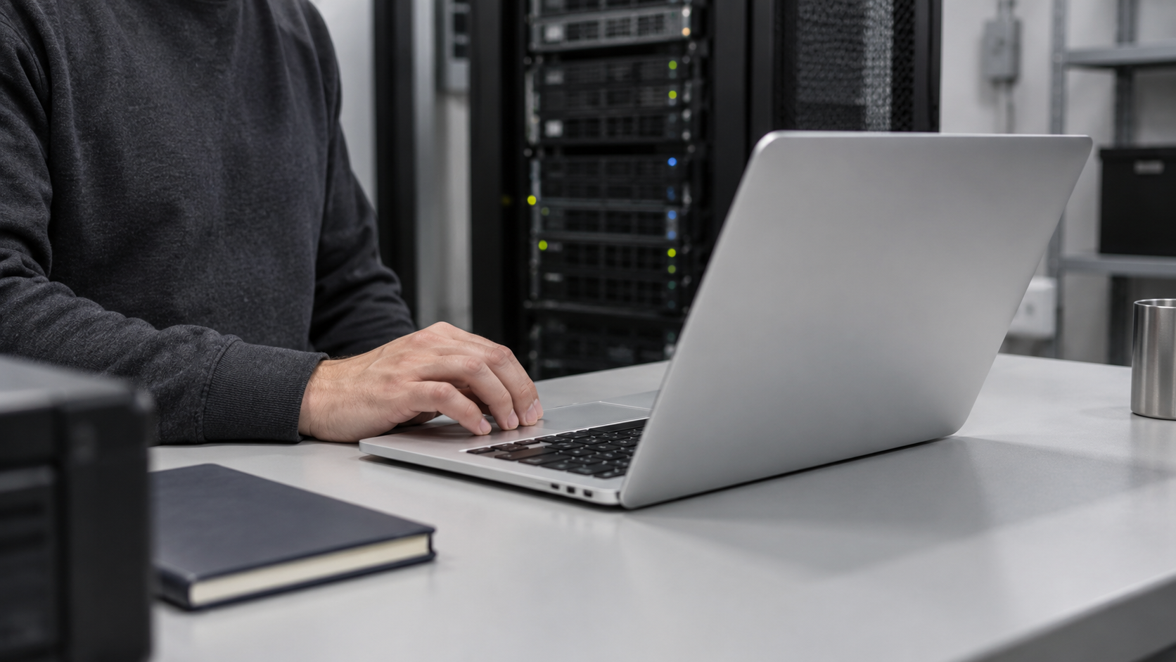 A technology professional checking a laptop at a workbench with server equipment in the background